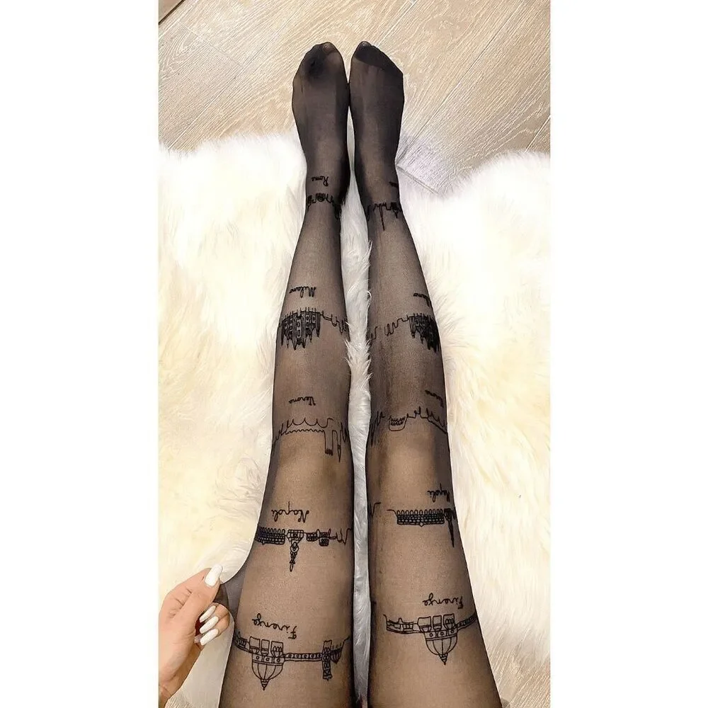 🏙️ Travel Cities Tattoo Printed Tights Black Sheer Nylon Pantyhose Hosiery NEW